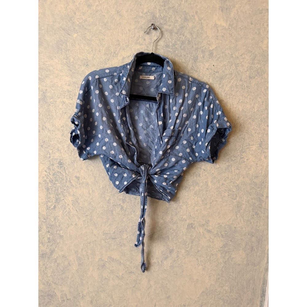 Sneak Peek Women's Polka Dot Tie-Front Chambray Crop Shirt Size S